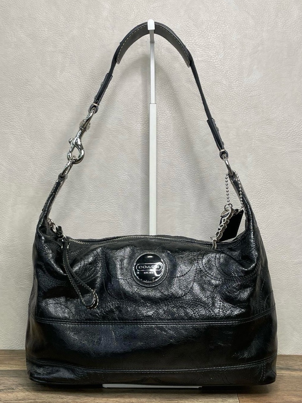 Coach Black Shiny Embossed Leather Chelsea Hobo Shoulder Bag Silver Hardware